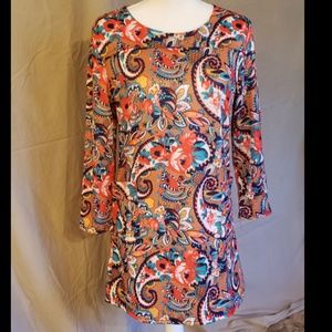 Orange Floral Patter Midi Dress with Pockets, L